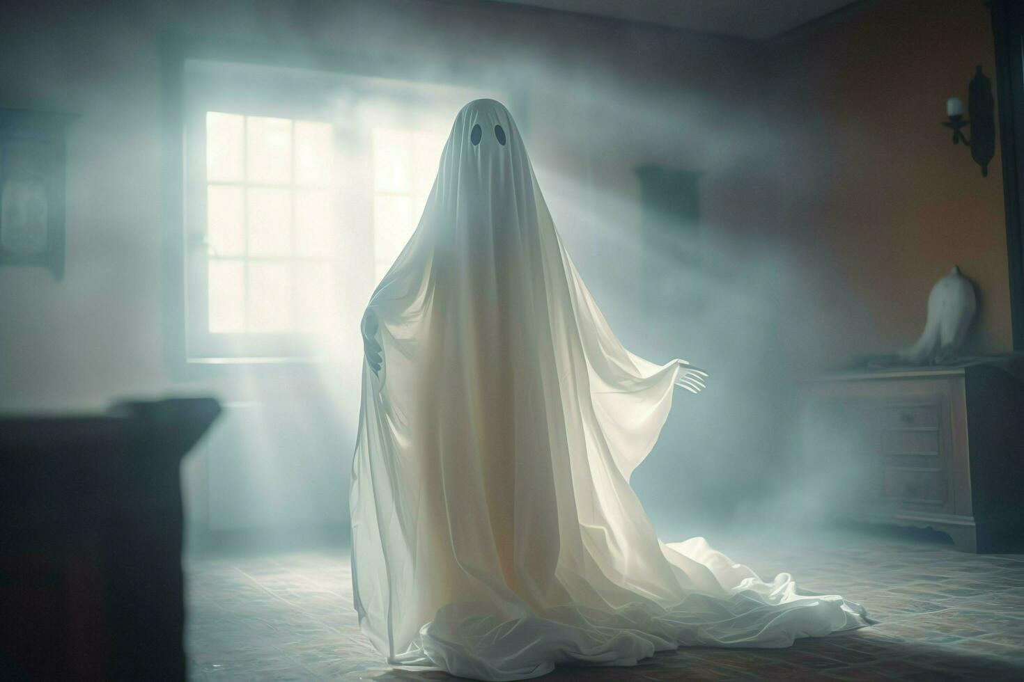 Human in spooky ghosts costume flying inside the old house at night. Spooky halloween background with ghost. Ghost on halloween celebration concept by AI generated photo