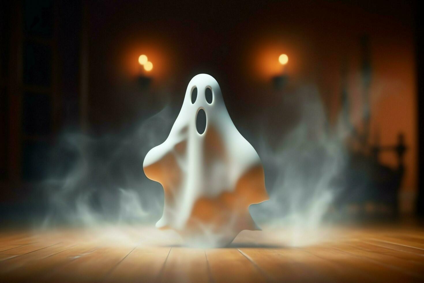 Human in spooky ghosts costume flying inside the old house at night. Spooky halloween background with ghost. Ghost on halloween celebration concept by AI generated photo