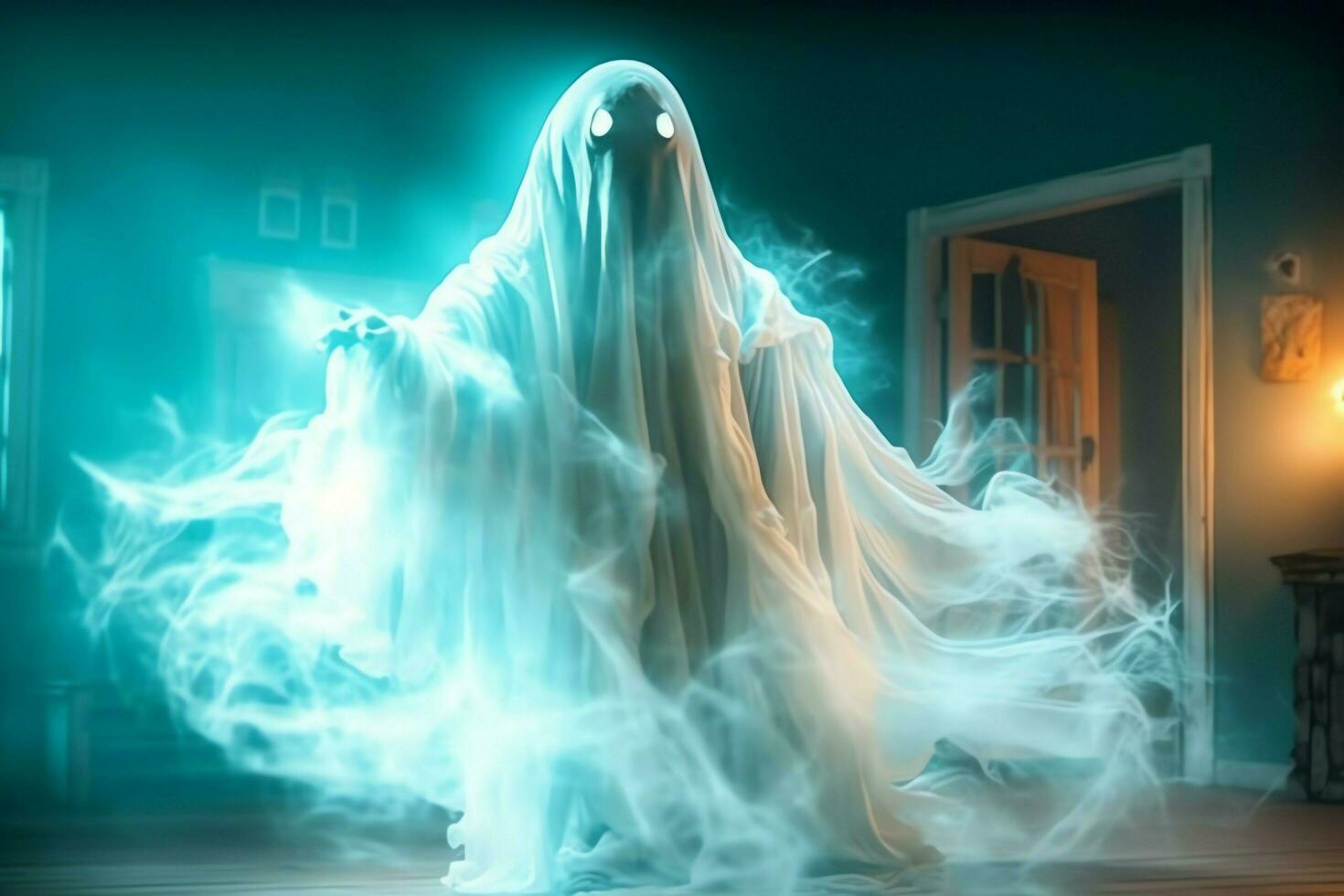 Human in spooky ghosts costume flying inside the old house at night. Spooky halloween background with ghost. Ghost on halloween celebration concept by AI generated photo