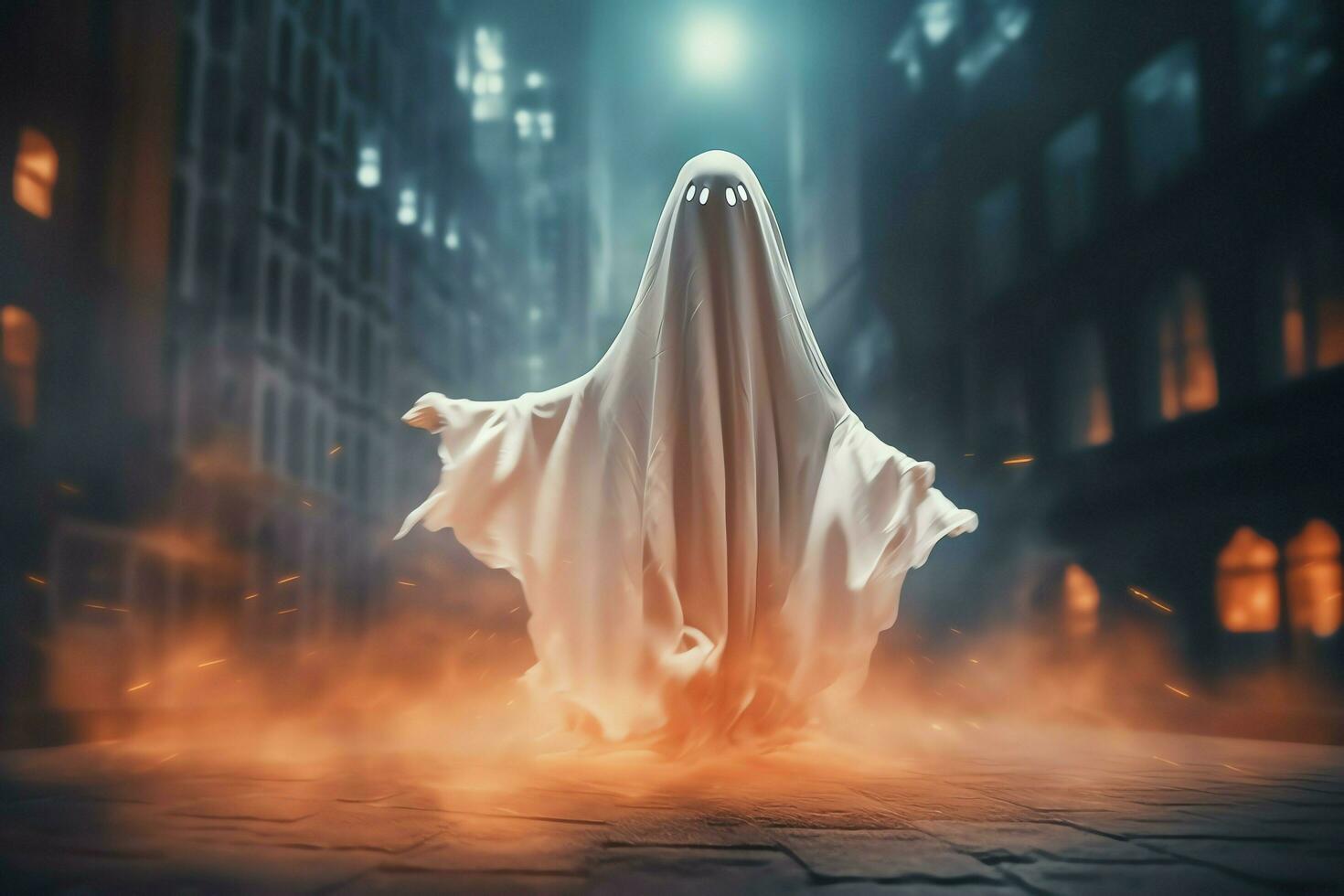 Human in spooky ghosts costume flying inside the old house at night. Spooky halloween background with ghost. Ghost on halloween celebration concept by AI generated photo