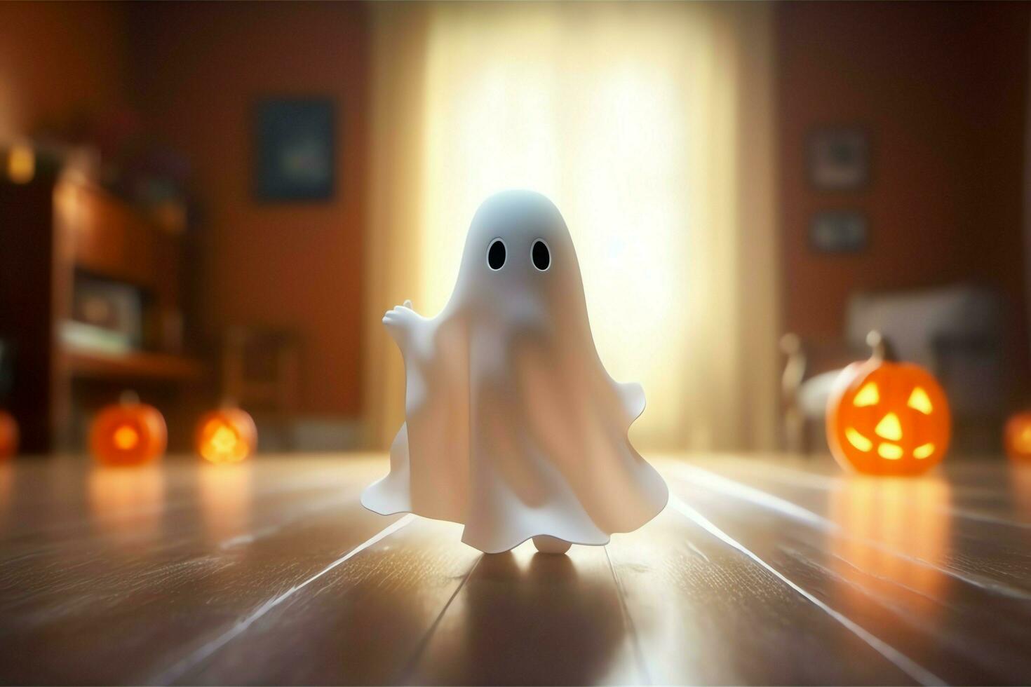 Human in spooky ghosts costume flying inside the old house at night. Spooky halloween background with ghost. Ghost on halloween celebration concept by AI generated photo