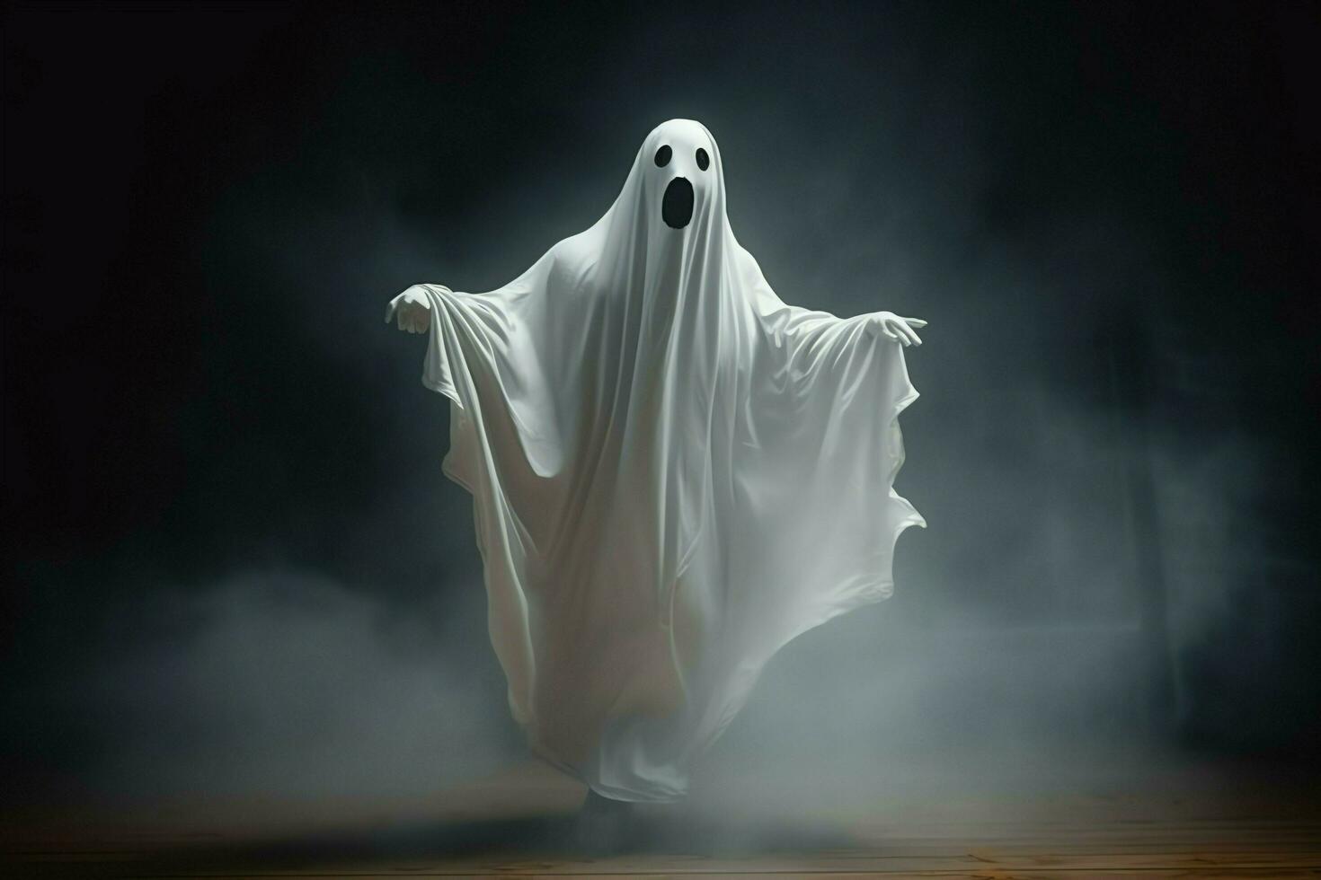 Human in spooky ghosts costume flying inside the old house at night. Spooky halloween background with ghost. Ghost on halloween celebration concept by AI generated photo