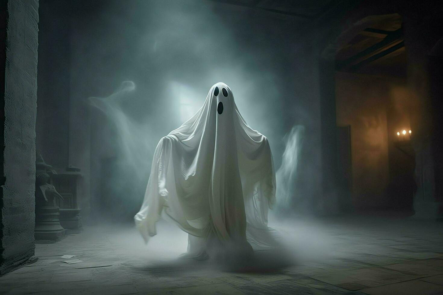 Human in spooky ghosts costume flying inside the old house at night. Spooky halloween background with ghost. Ghost on halloween celebration concept by AI generated photo