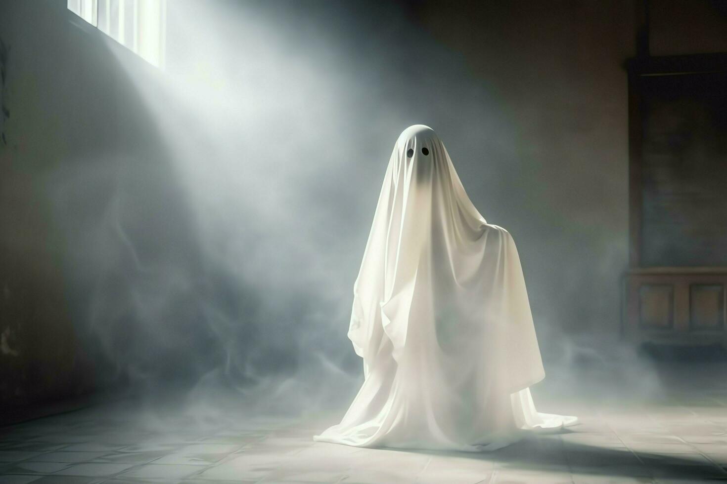 Human in spooky ghosts costume flying inside the old house at night. Spooky halloween background with ghost. Ghost on halloween celebration concept by AI generated photo