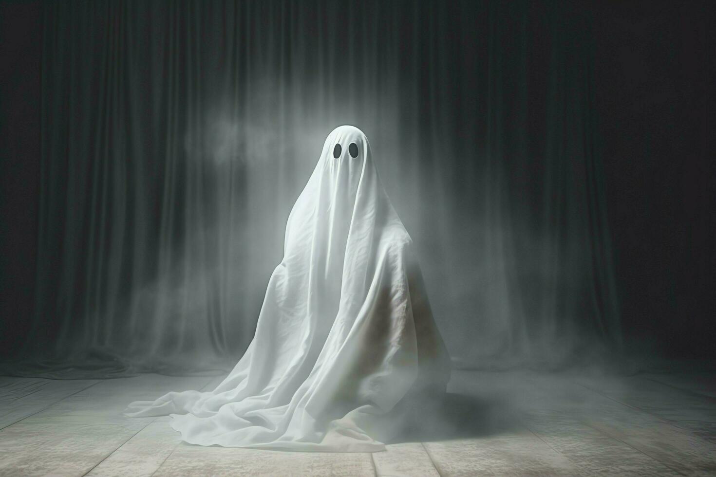 Human in spooky ghosts costume flying inside the old house at night. Spooky halloween background with ghost. Ghost on halloween celebration concept by AI generated photo