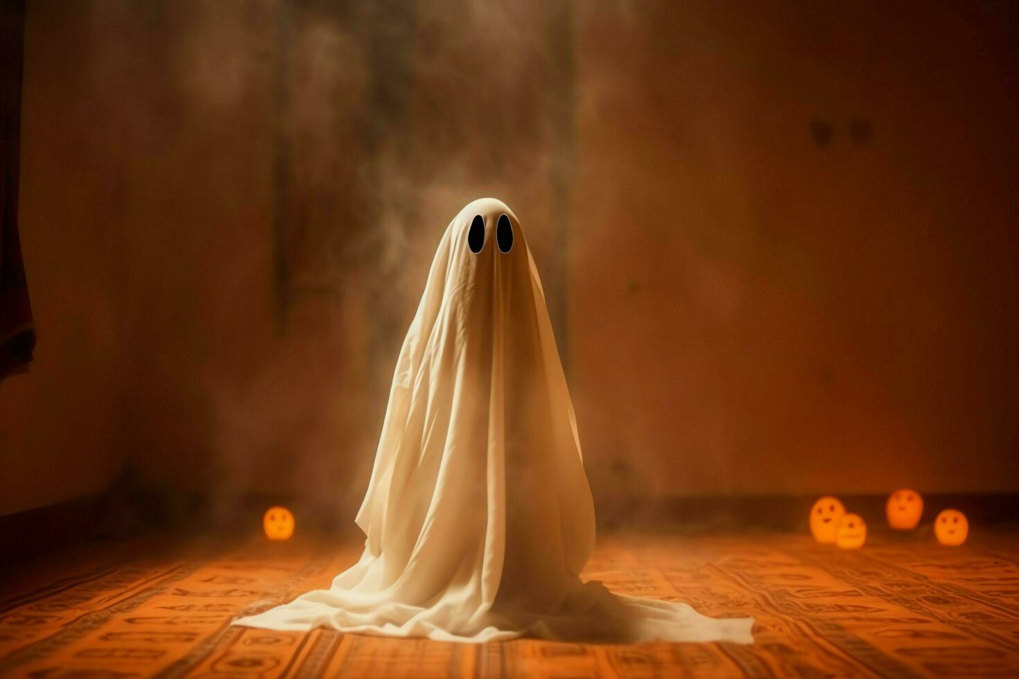 Human in spooky ghosts costume flying inside the old house at night. Spooky halloween background with ghost. Ghost on halloween celebration concept by AI generated photo