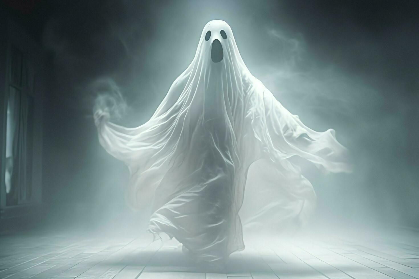 Human in spooky ghosts costume flying inside the old house at night. Spooky halloween background with ghost. Ghost on halloween celebration concept by AI generated photo