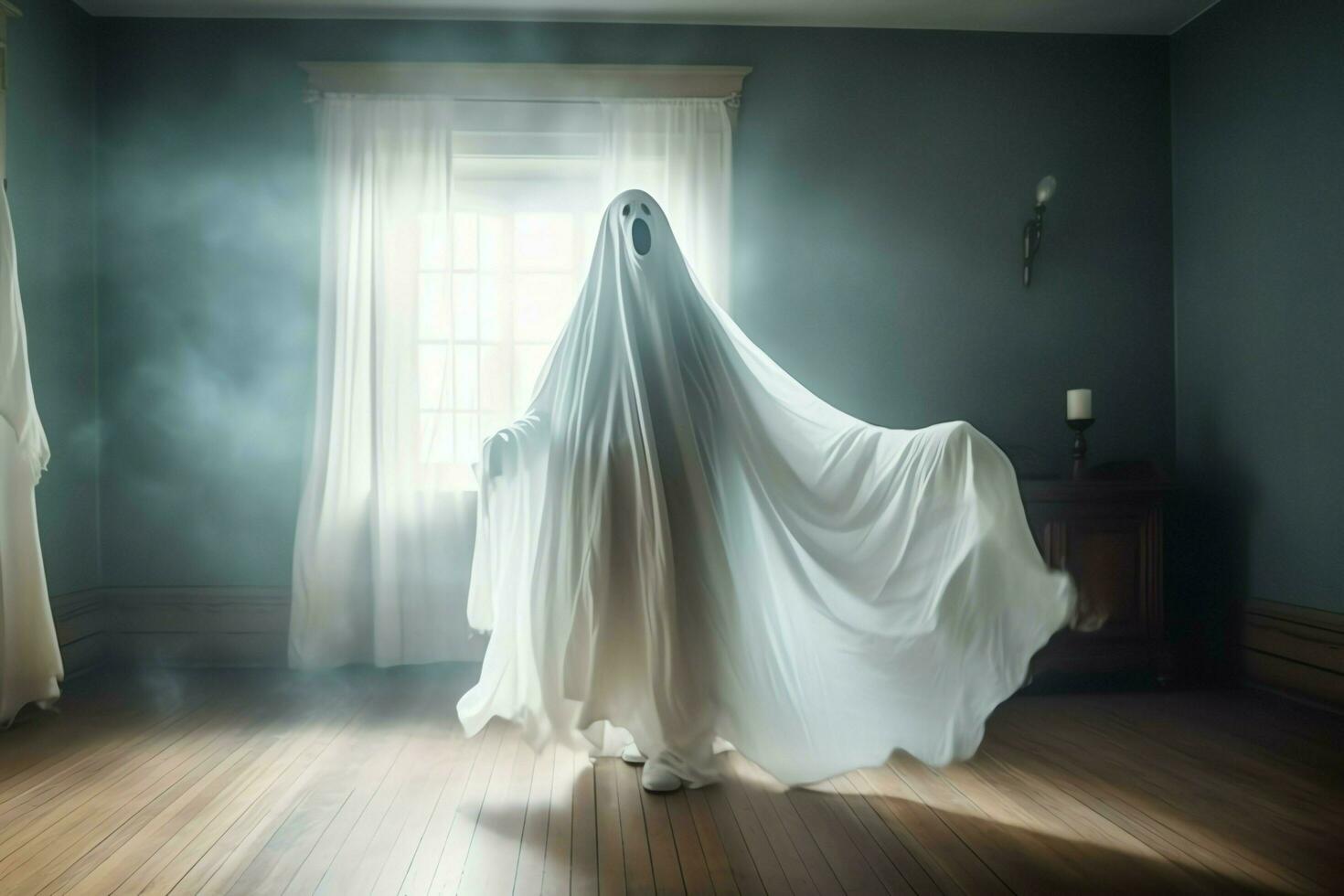 Human in spooky ghosts costume flying inside the old house at night. Spooky halloween background with ghost. Ghost on halloween celebration concept by AI generated photo