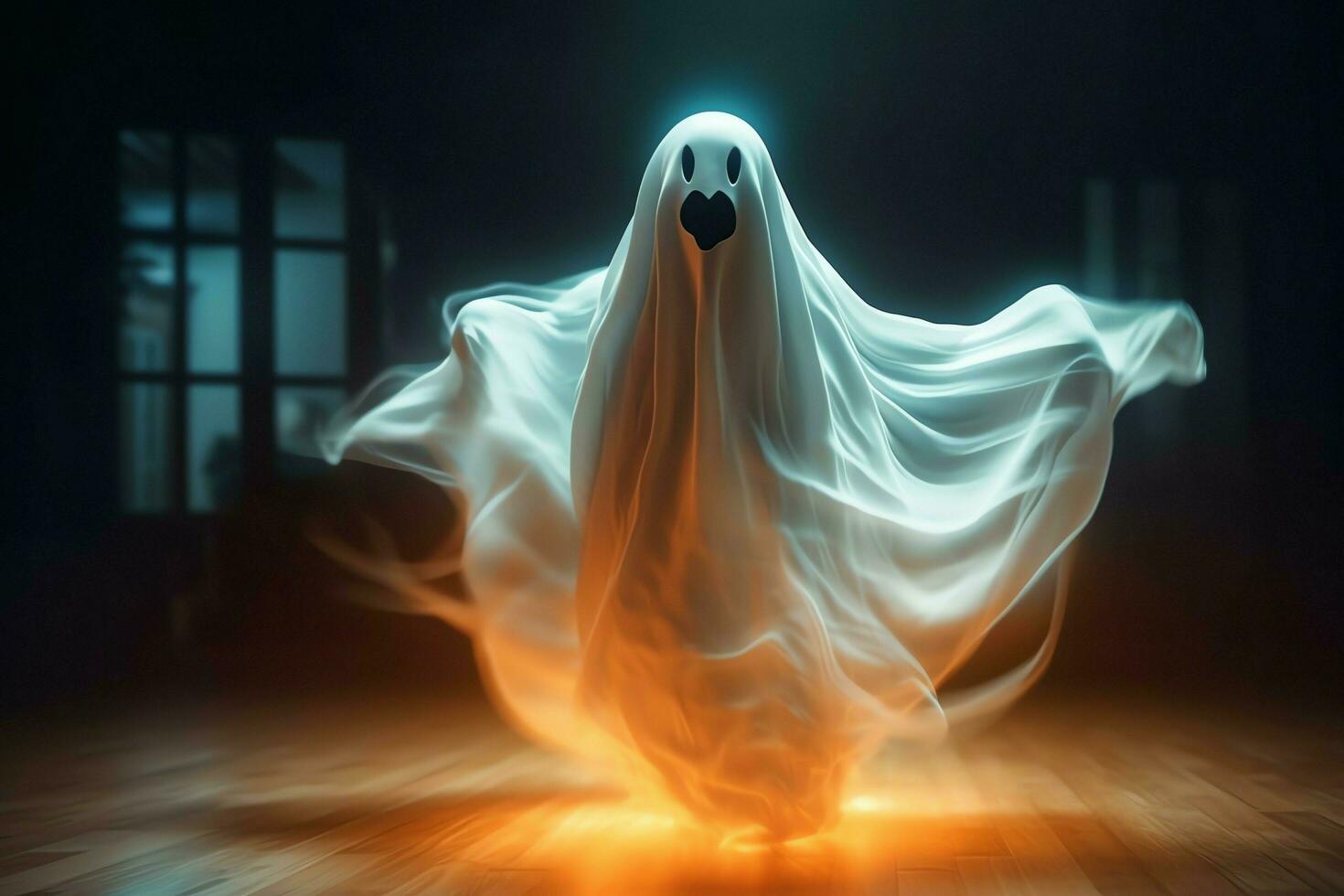 Human in spooky ghosts costume flying inside the old house at night. Spooky halloween background with ghost. Ghost on halloween celebration concept by AI generated photo