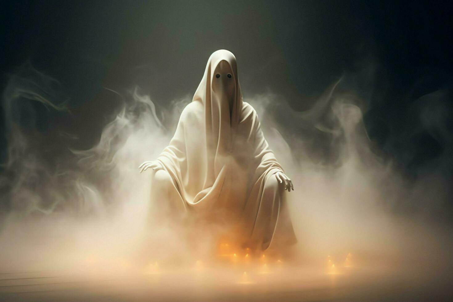 Human in spooky ghosts costume flying inside the old house at night. Spooky halloween background with ghost. Ghost on halloween celebration concept by AI generated photo