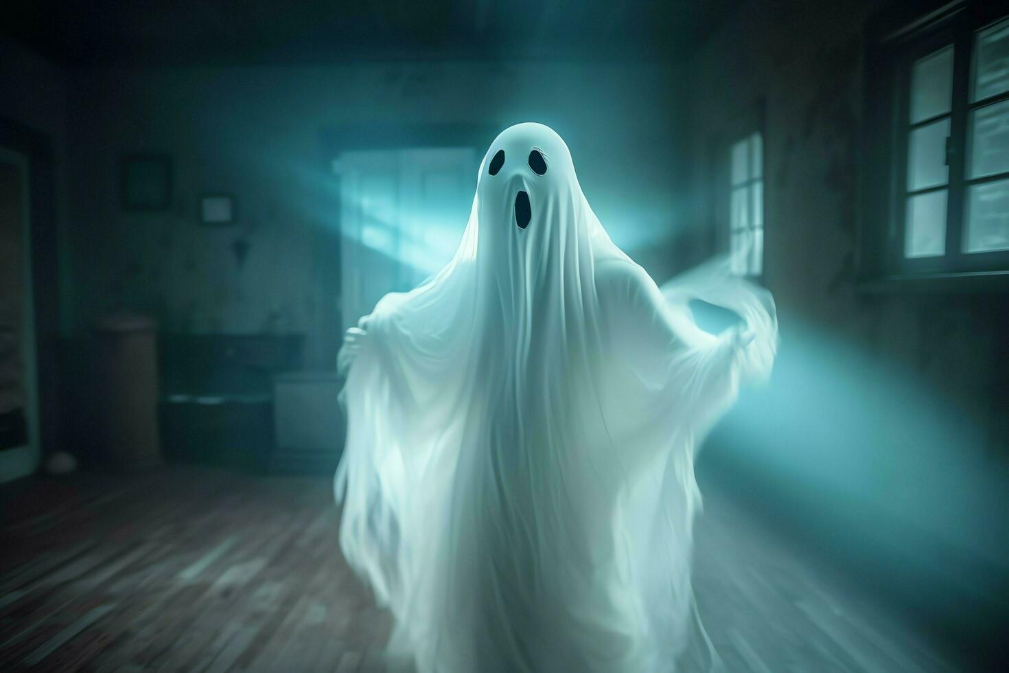 Human in spooky ghosts costume flying inside the old house at night. Spooky halloween background with ghost. Ghost on halloween celebration concept by AI generated photo