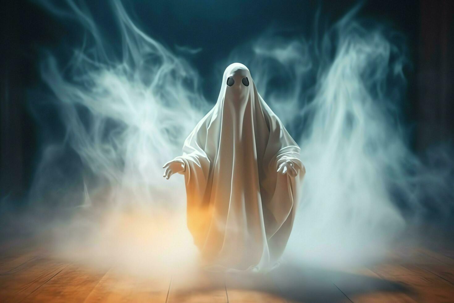 Human in spooky ghosts costume flying inside the old house at night. Spooky halloween background with ghost. Ghost on halloween celebration concept by AI generated photo