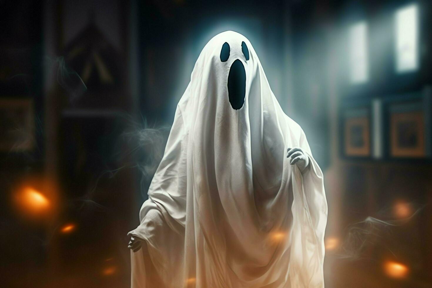 Human in spooky ghosts costume flying inside the old house at night. Spooky halloween background with ghost. Ghost on halloween celebration concept by AI generated photo