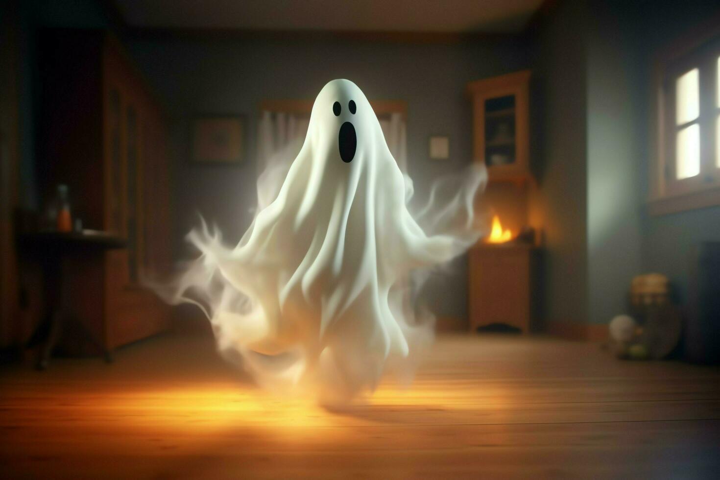 Human in spooky ghosts costume flying inside the old house at night. Spooky halloween background with ghost. Ghost on halloween celebration concept by AI generated photo