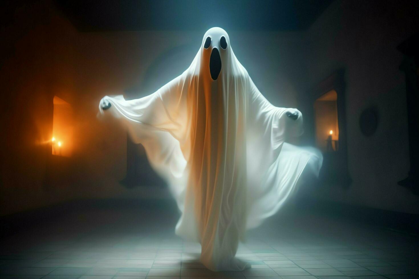 Human in spooky ghosts costume flying inside the old house at night. Spooky halloween background with ghost. Ghost on halloween celebration concept by AI generated photo