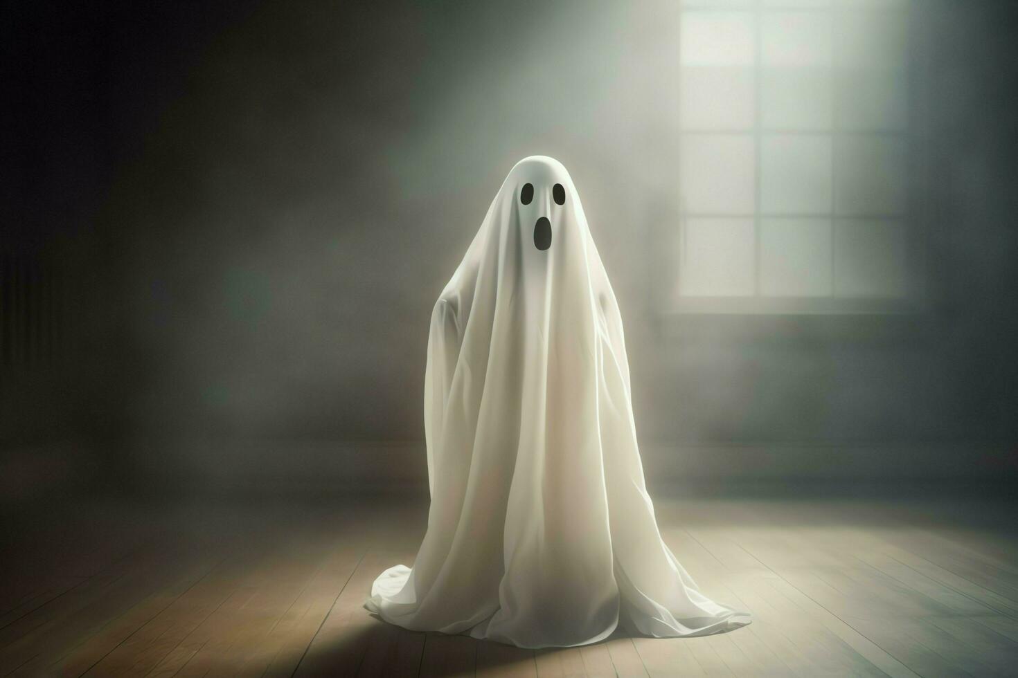 Human in spooky ghosts costume flying inside the old house at night. Spooky halloween background with ghost. Ghost on halloween celebration concept by AI generated photo