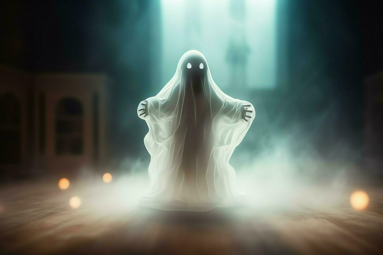 Human in spooky ghosts costume flying inside the old house at night. Spooky halloween background with ghost. Ghost on halloween celebration concept by AI generated photo