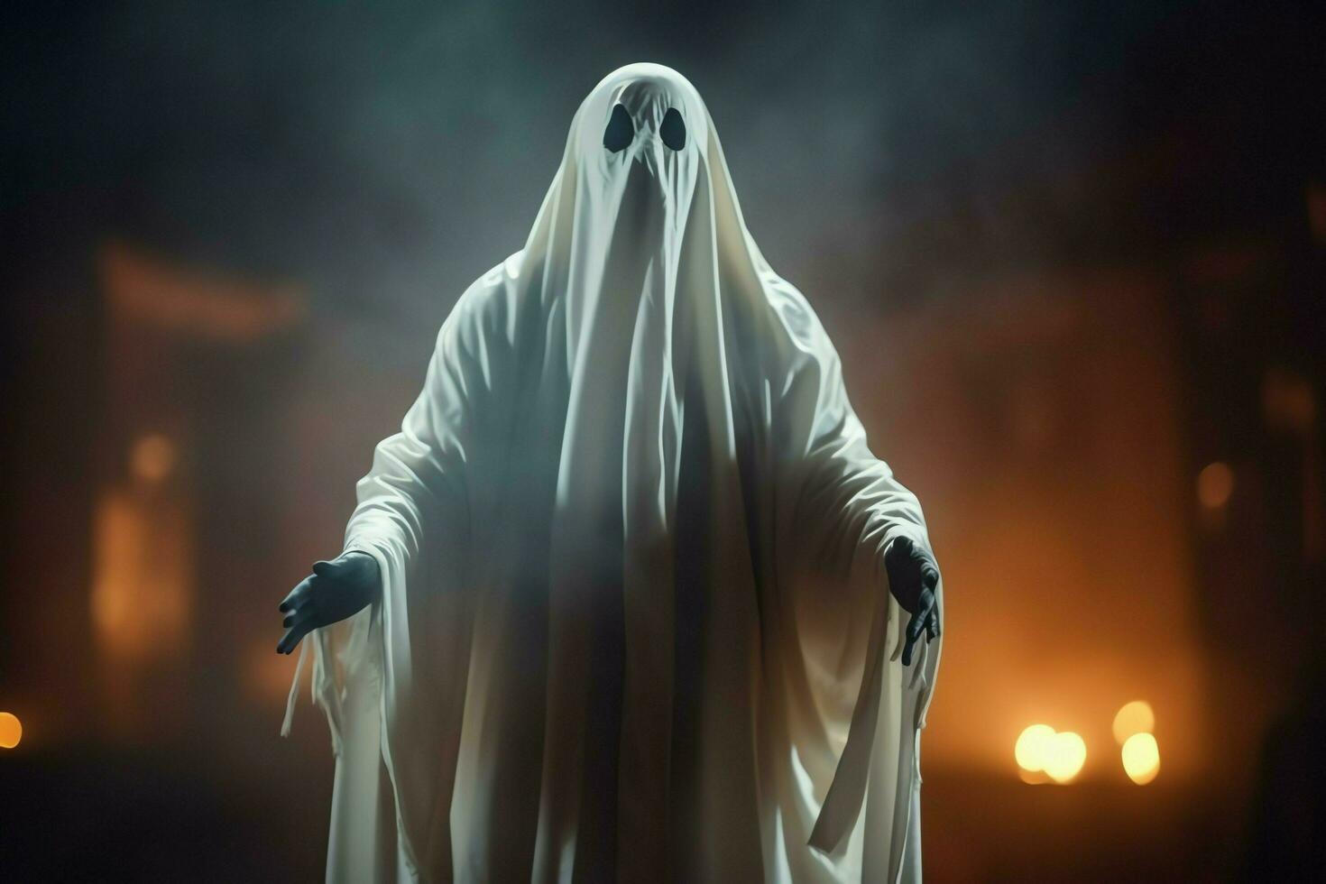 Human in spooky ghosts costume flying inside the old house at night. Spooky halloween background with ghost. Ghost on halloween celebration concept by AI generated photo