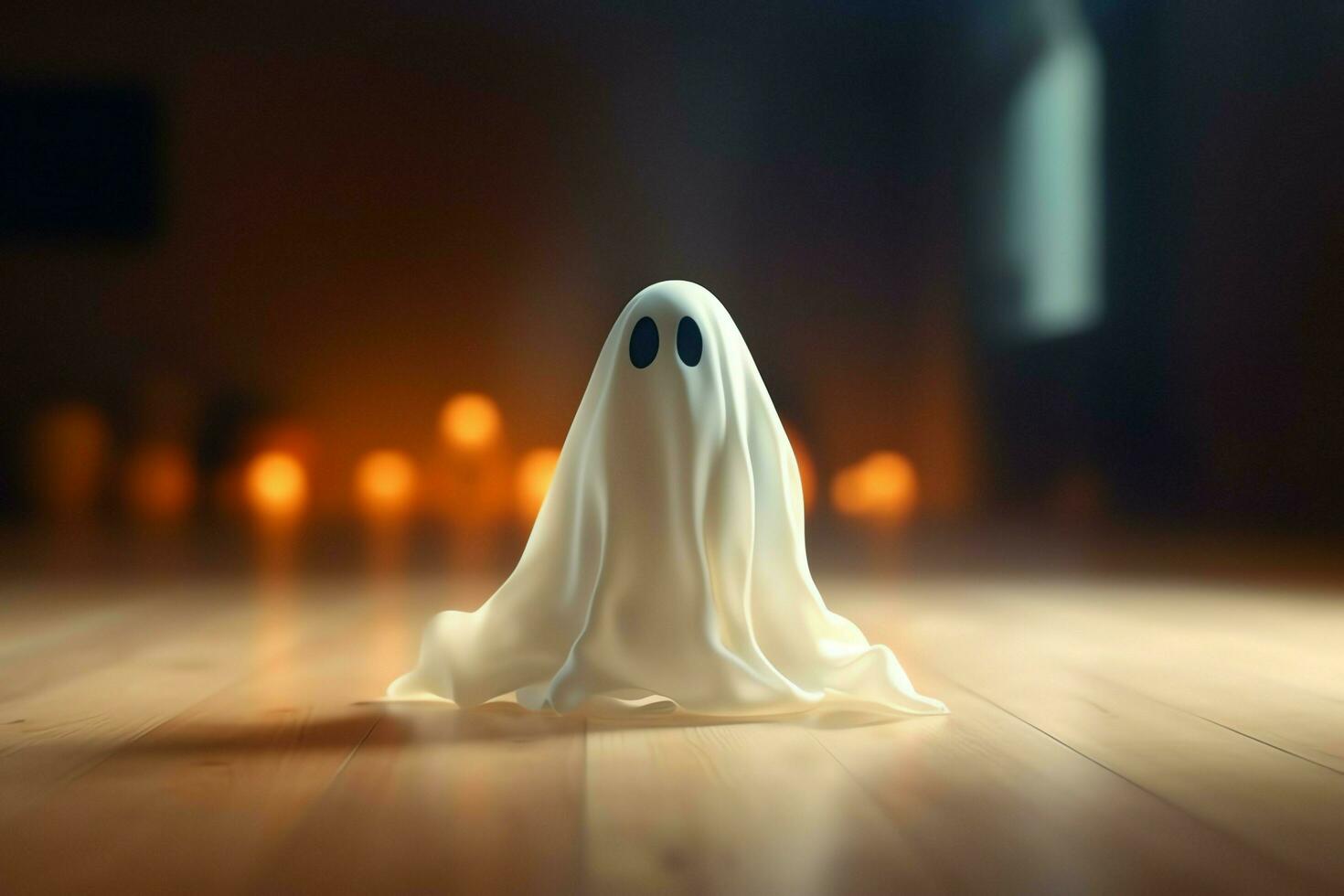 Human in spooky ghosts costume flying inside the old house at night. Spooky halloween background with ghost. Ghost on halloween celebration concept by AI generated photo