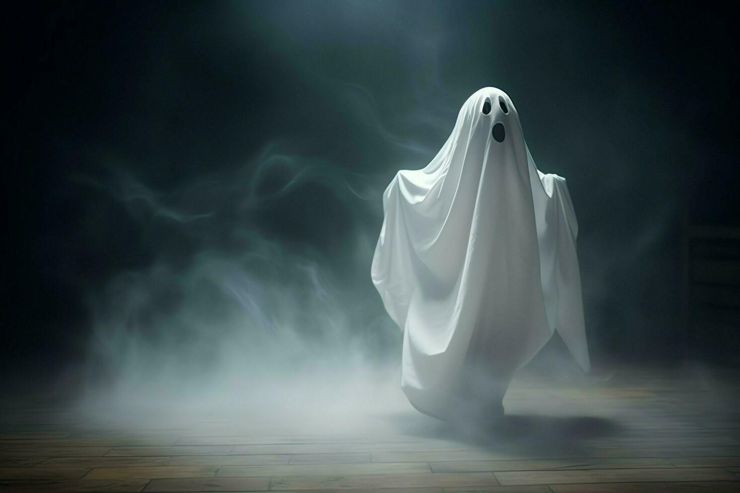 Human in spooky ghosts costume flying inside the old house at night. Spooky halloween background with ghost. Ghost on halloween celebration concept by AI generated photo