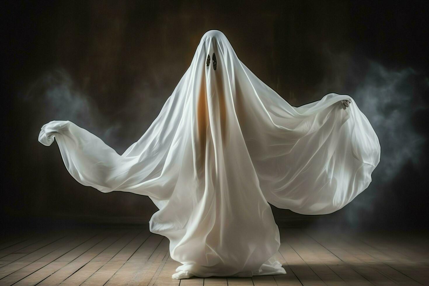 Human in spooky ghosts costume flying inside the old house at night. Spooky halloween background with ghost. Ghost on halloween celebration concept by AI generated photo