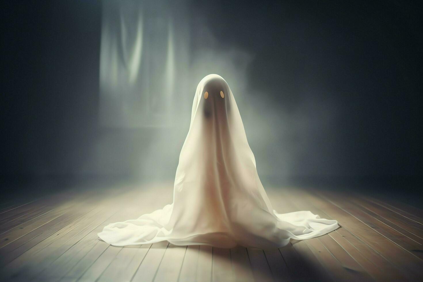 Human in spooky ghosts costume flying inside the old house at night. Spooky halloween background with ghost. Ghost on halloween celebration concept by AI generated photo