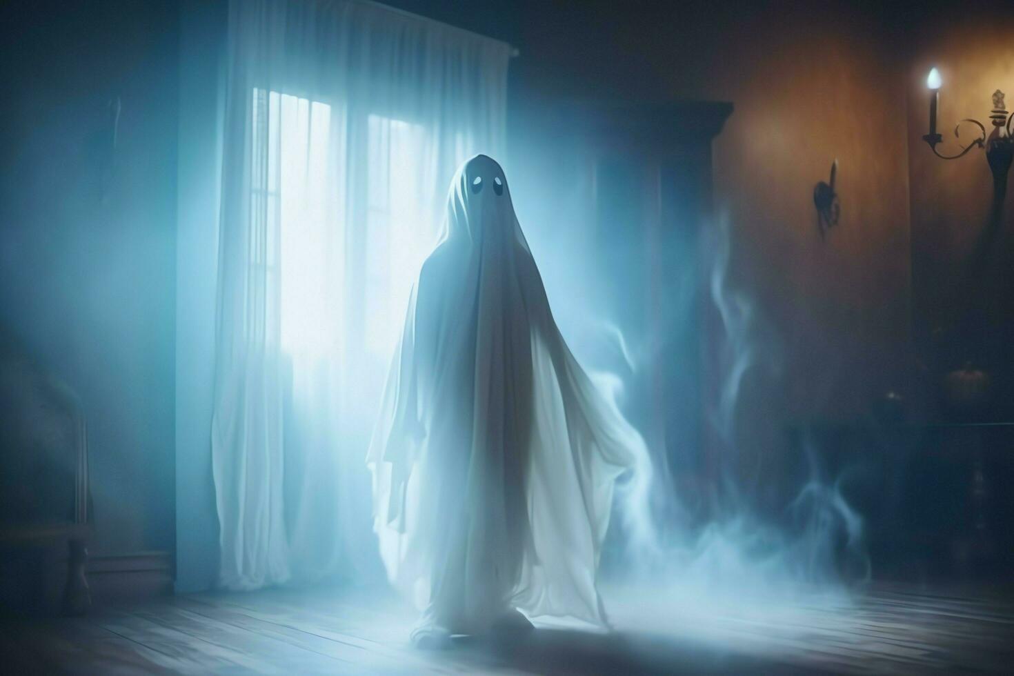 Human in spooky ghosts costume flying inside the old house at night. Spooky halloween background with ghost. Ghost on halloween celebration concept by AI generated photo