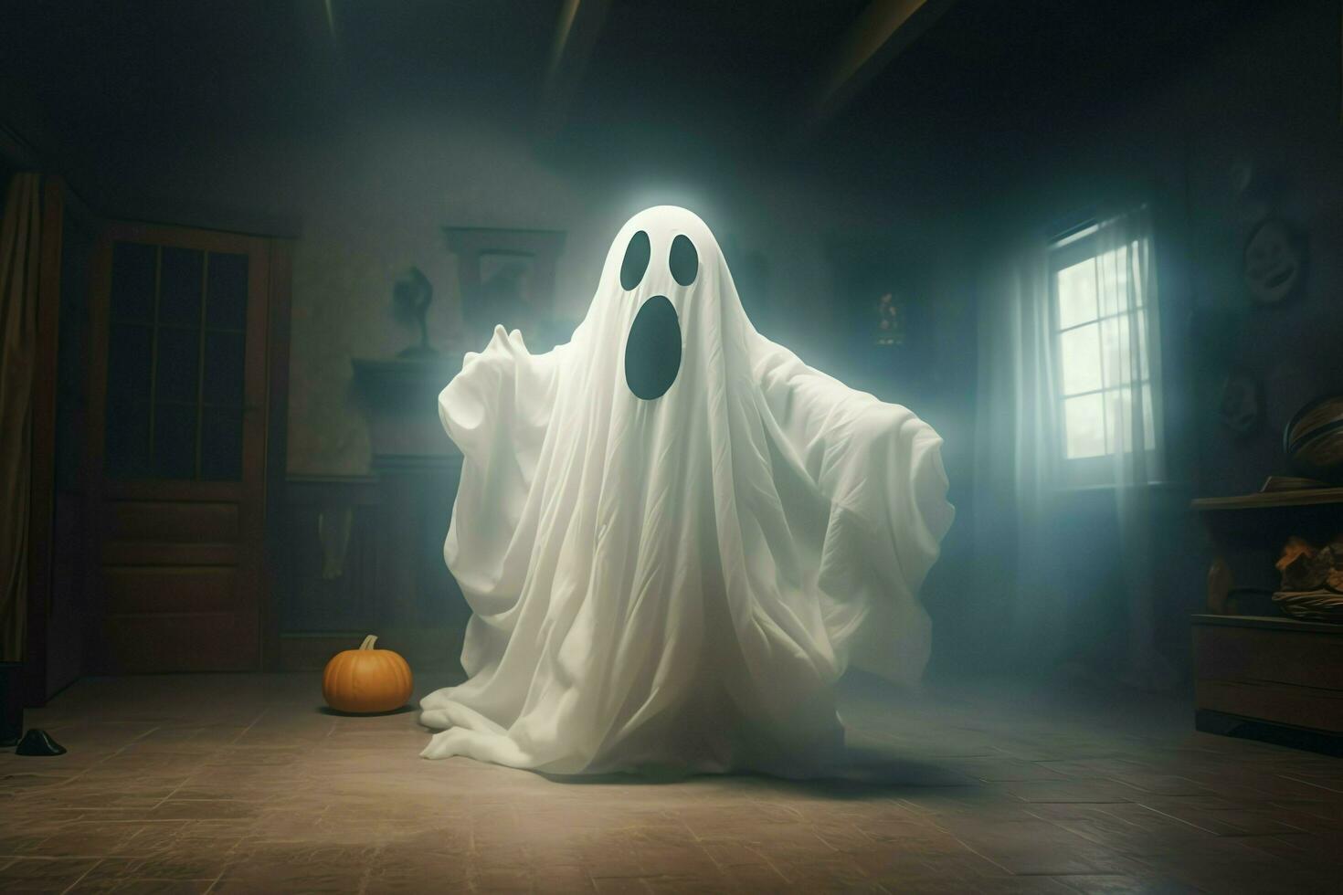 Human in spooky ghosts costume flying inside the old house at night. Spooky halloween background with ghost. Ghost on halloween celebration concept by AI generated photo