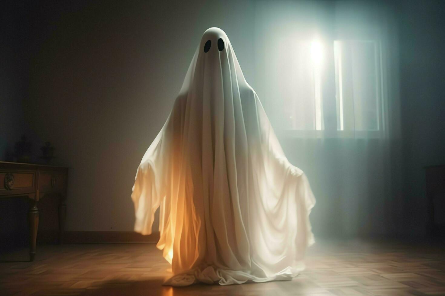 Human in spooky ghosts costume flying inside the old house at night. Spooky halloween background with ghost. Ghost on halloween celebration concept by AI generated photo