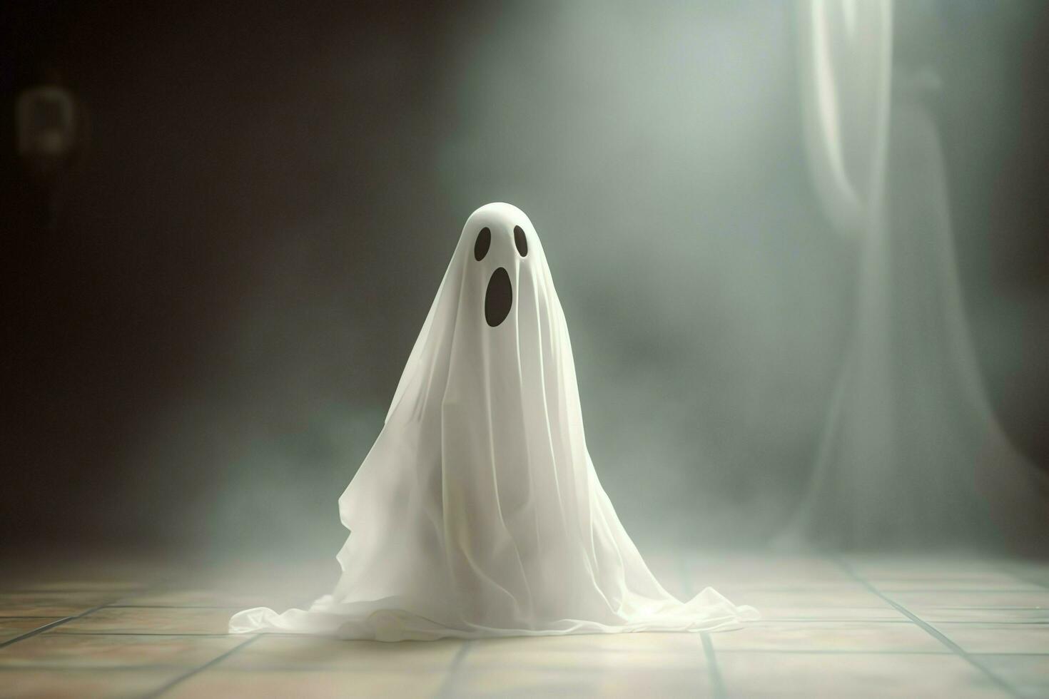 Human in spooky ghosts costume flying inside the old house at night. Spooky halloween background with ghost. Ghost on halloween celebration concept by AI generated photo