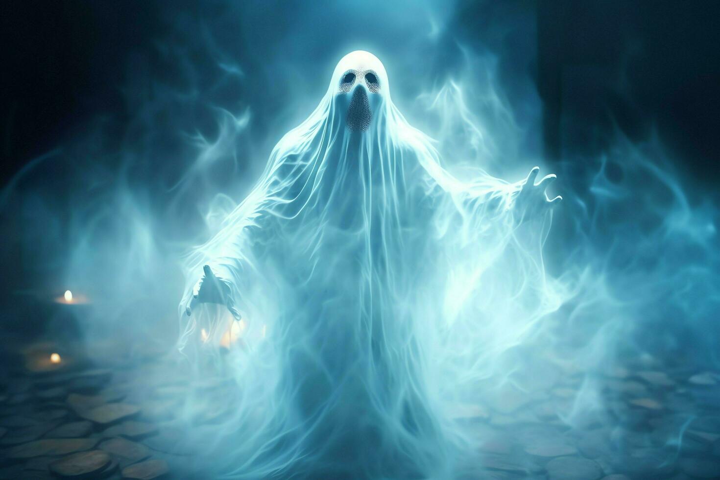 Human in spooky ghosts costume flying inside the old house at night. Spooky halloween background with ghost. Ghost on halloween celebration concept by AI generated photo