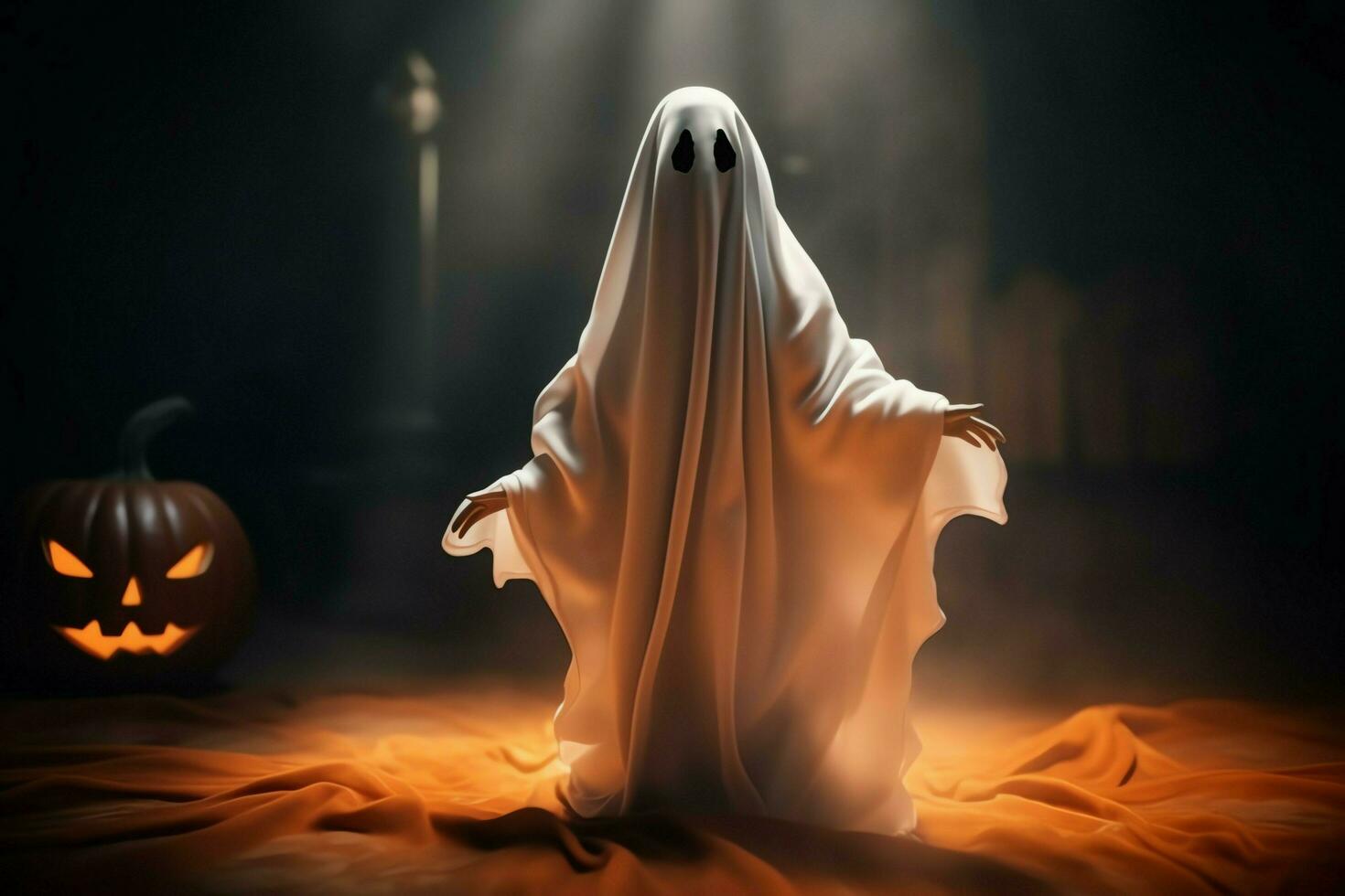 Human in spooky ghosts costume flying inside the old house at night. Spooky halloween background with ghost. Ghost on halloween celebration concept by AI generated photo