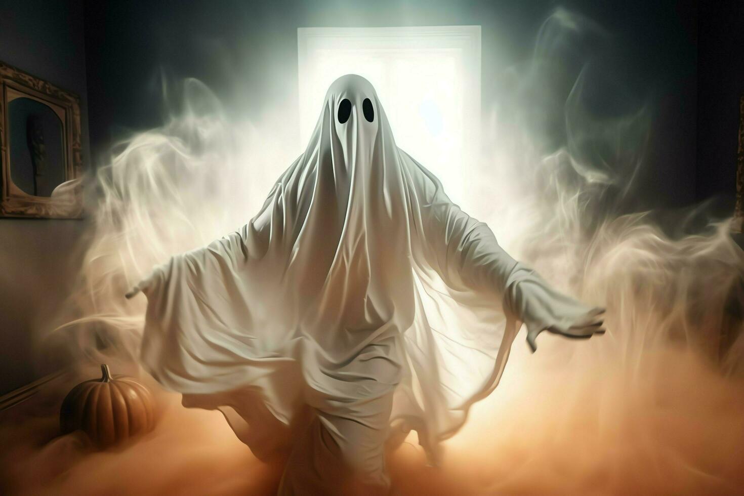 Human in spooky ghosts costume flying inside the old house at night. Spooky halloween background with ghost. Ghost on halloween celebration concept by AI generated photo