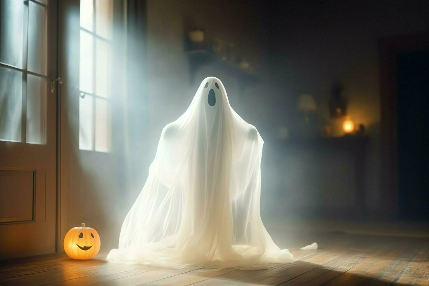 Human in spooky ghosts costume flying inside the old house at night. Spooky halloween background with ghost. Ghost on halloween celebration concept by AI generated photo