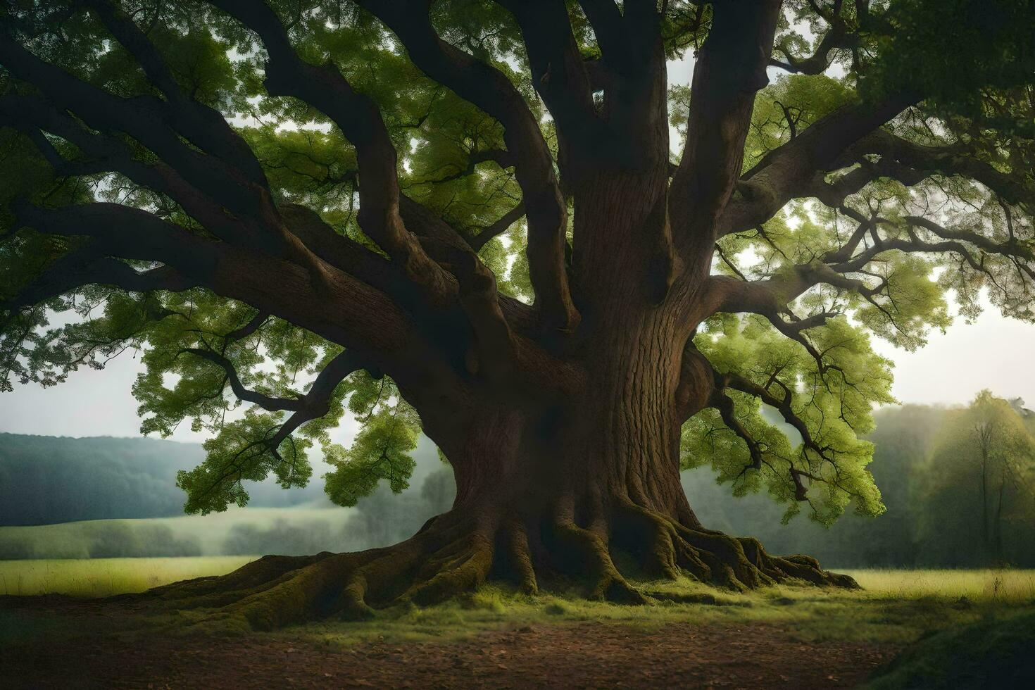 an old oak tree in the middle of a field. AI-Generated photo