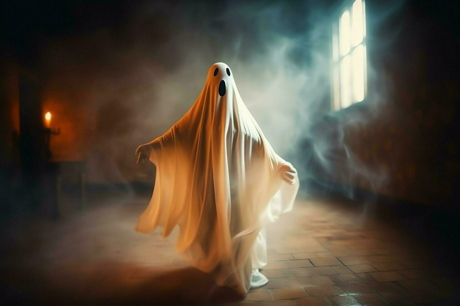 Human in spooky ghosts costume flying inside the old house at night. Spooky halloween background with ghost. Ghost on halloween celebration concept by AI generated photo