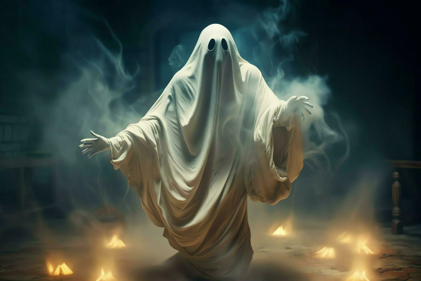 Human in spooky ghosts costume flying inside the old house at night. Spooky halloween background with ghost. Ghost on halloween celebration concept by AI generated photo