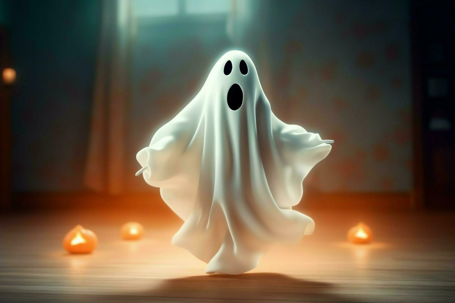 Human in spooky ghosts costume flying inside the old house at night. Spooky halloween background with ghost. Ghost on halloween celebration concept by AI generated photo