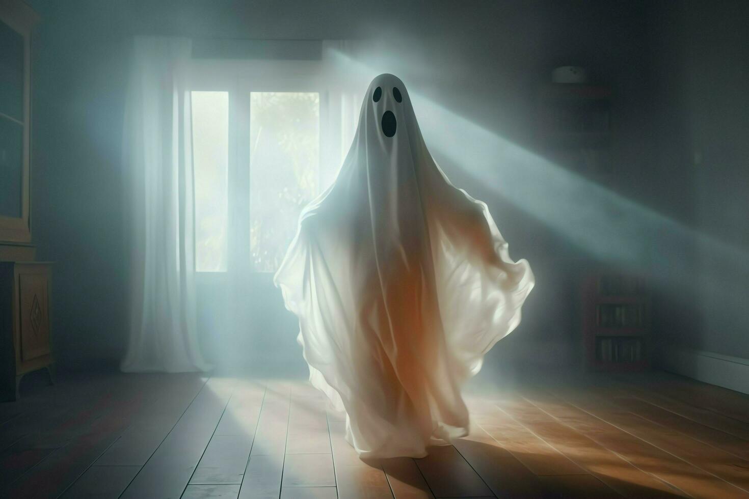 Human in spooky ghosts costume flying inside the old house at night. Spooky halloween background with ghost. Ghost on halloween celebration concept by AI generated photo