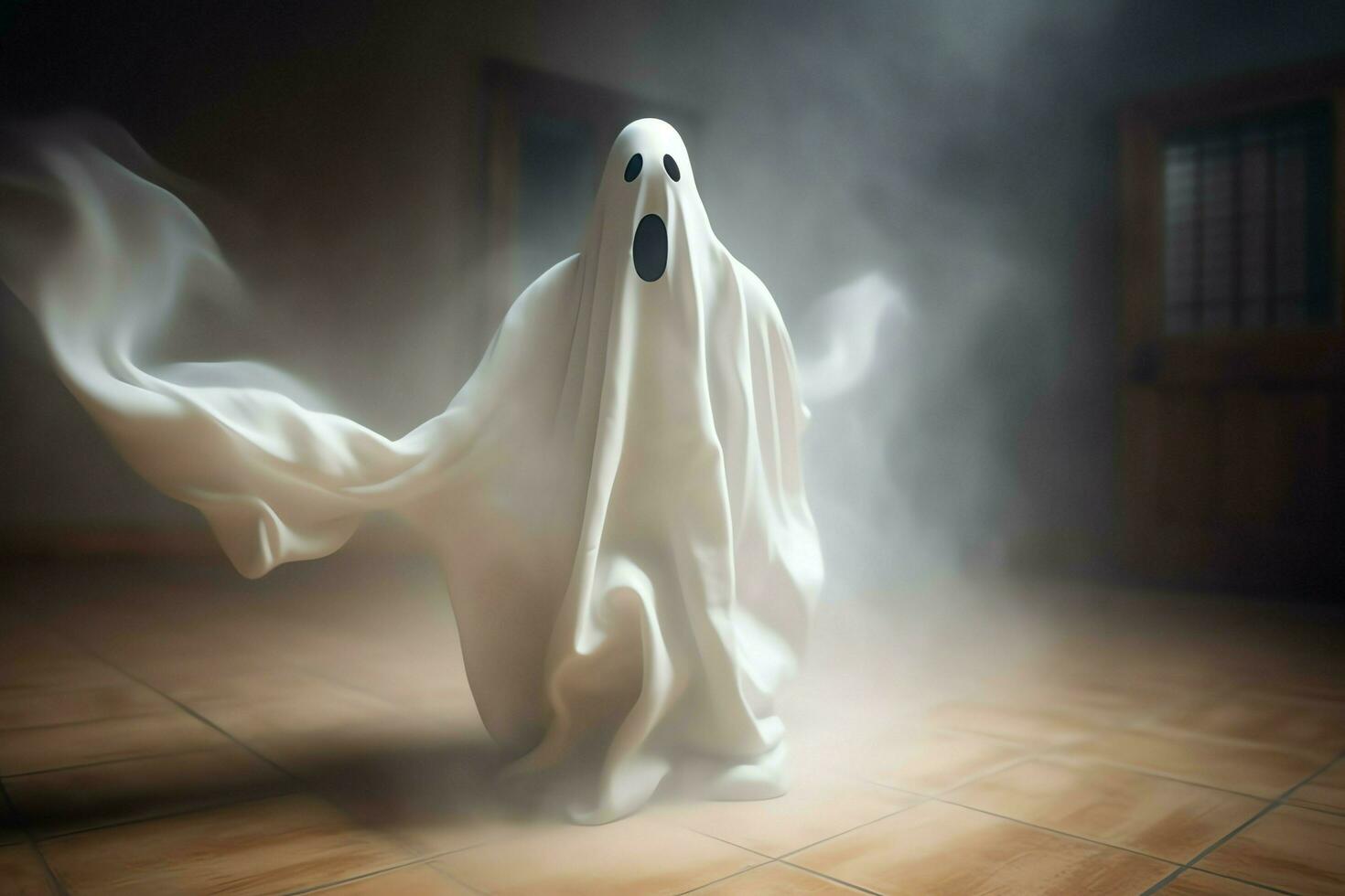 Human in spooky ghosts costume flying inside the old house at night. Spooky halloween background with ghost. Ghost on halloween celebration concept by AI generated photo