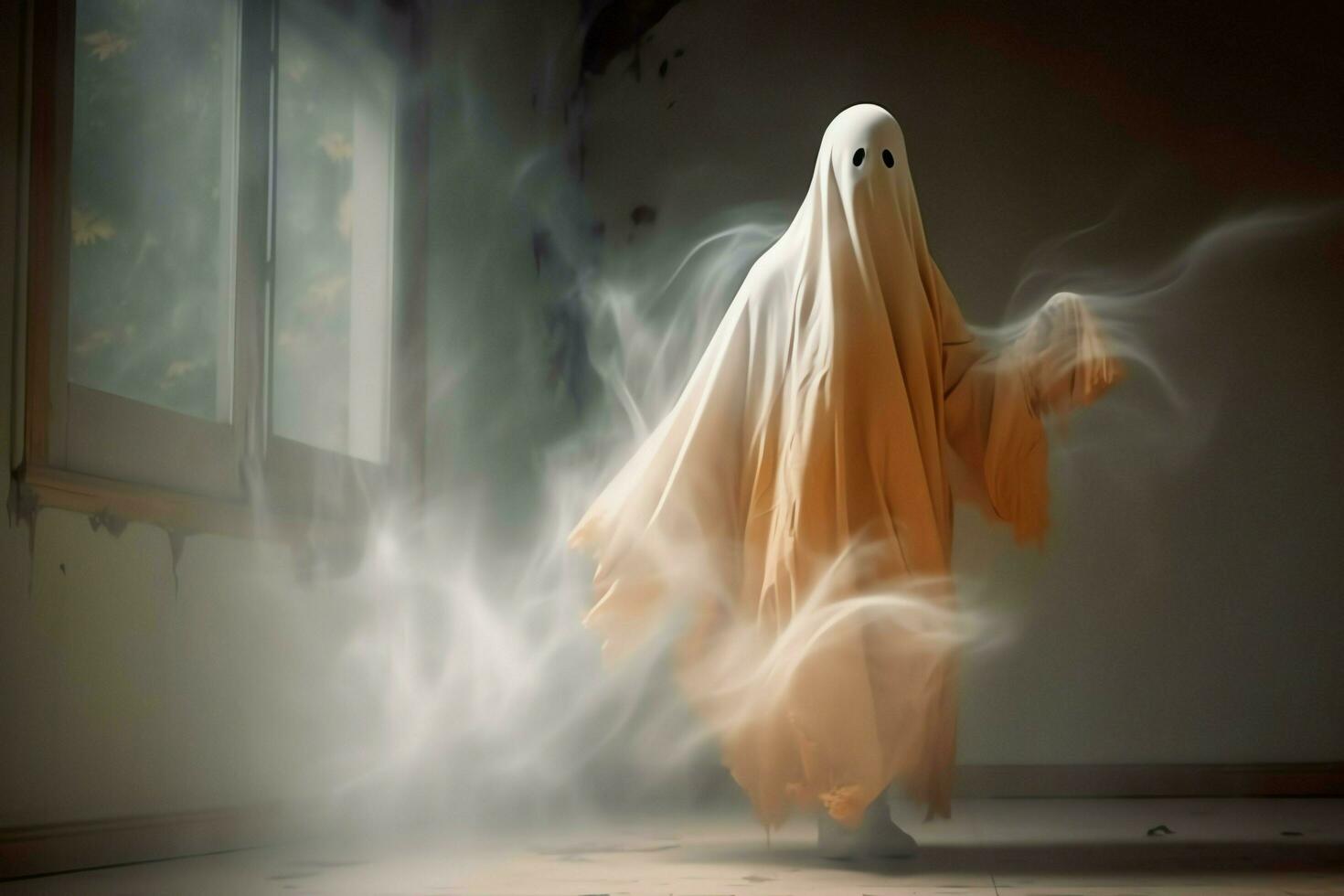 Human in spooky ghosts costume flying inside the old house at night. Spooky halloween background with ghost. Ghost on halloween celebration concept by AI generated photo