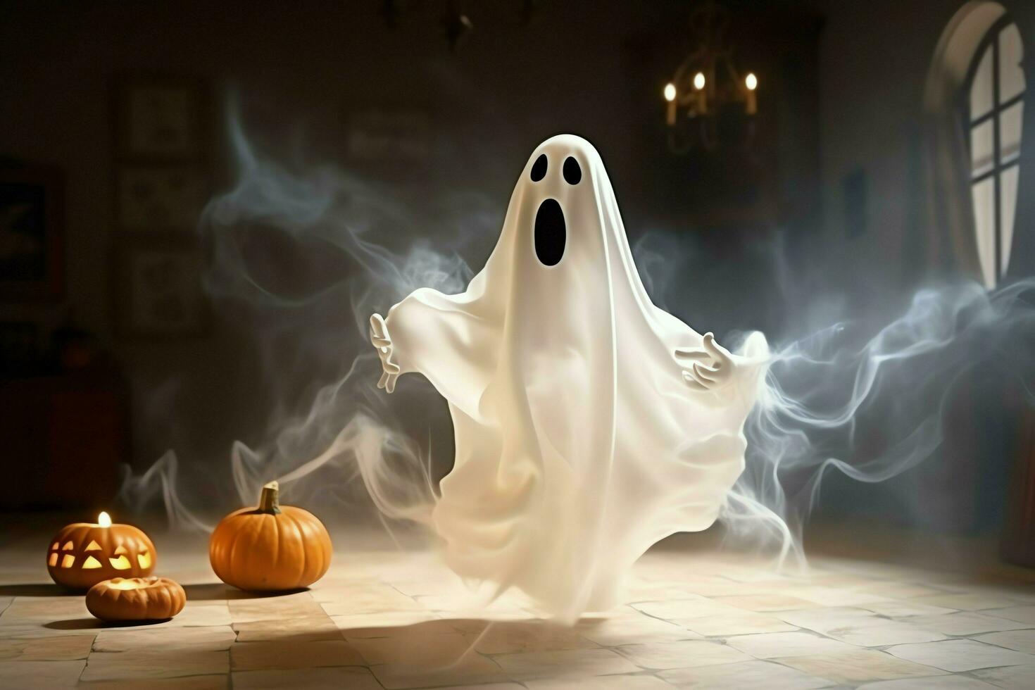 Human in spooky ghosts costume flying inside the old house at night. Spooky halloween background with ghost. Ghost on halloween celebration concept by AI generated photo