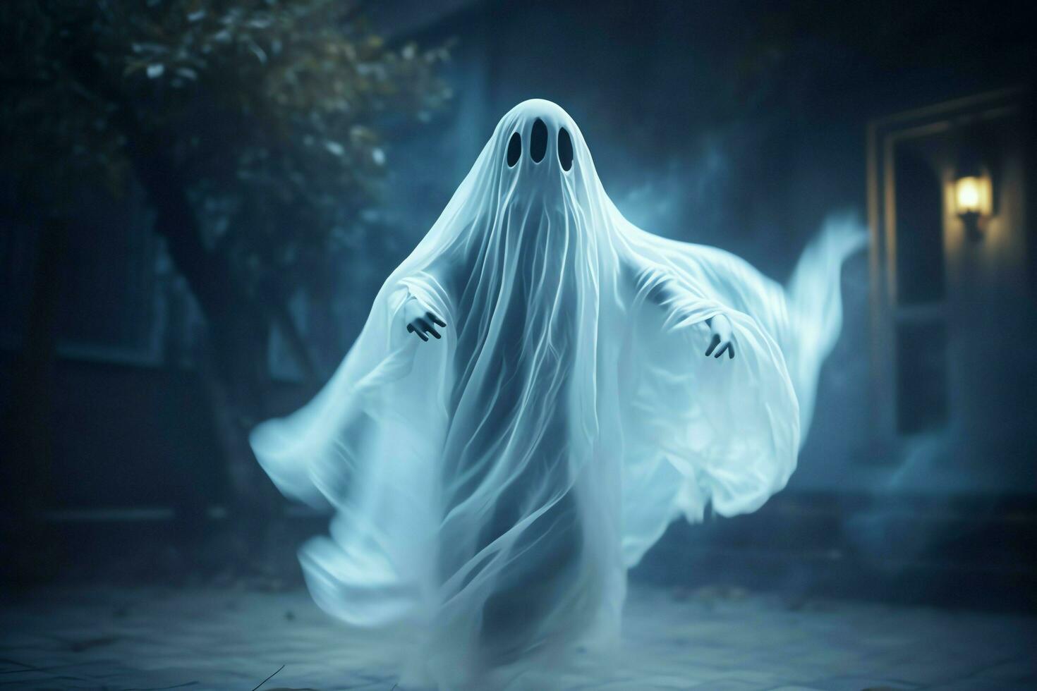 Human in spooky ghosts costume flying inside the old house at night. Spooky halloween background with ghost. Ghost on halloween celebration concept by AI generated photo