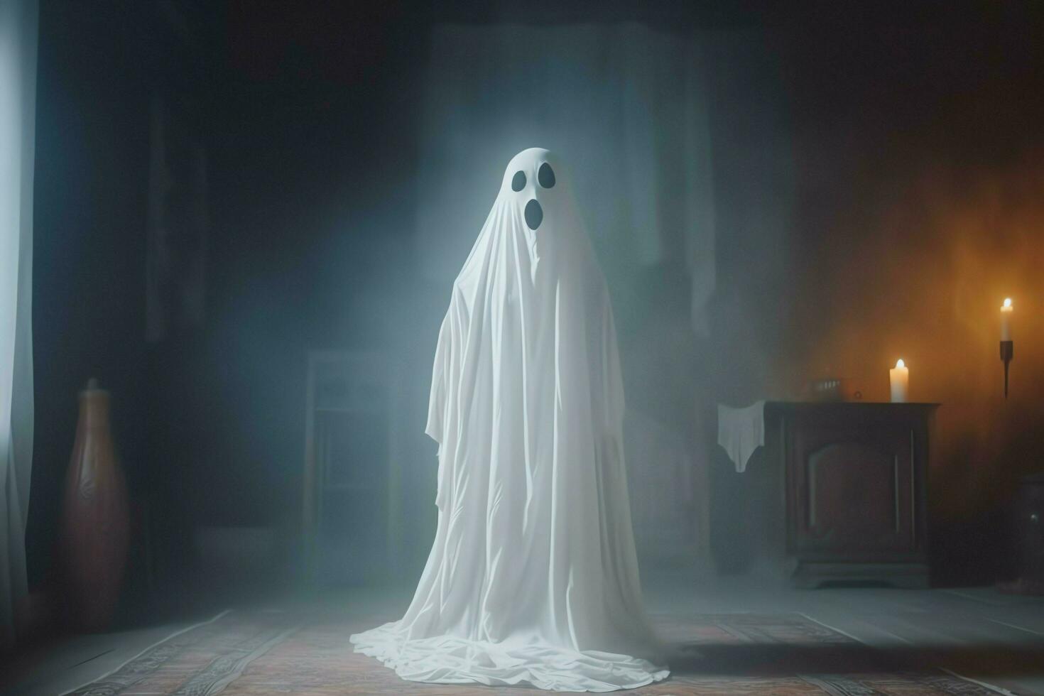 Human in spooky ghosts costume flying inside the old house at night. Spooky halloween background with ghost. Ghost on halloween celebration concept by AI generated photo