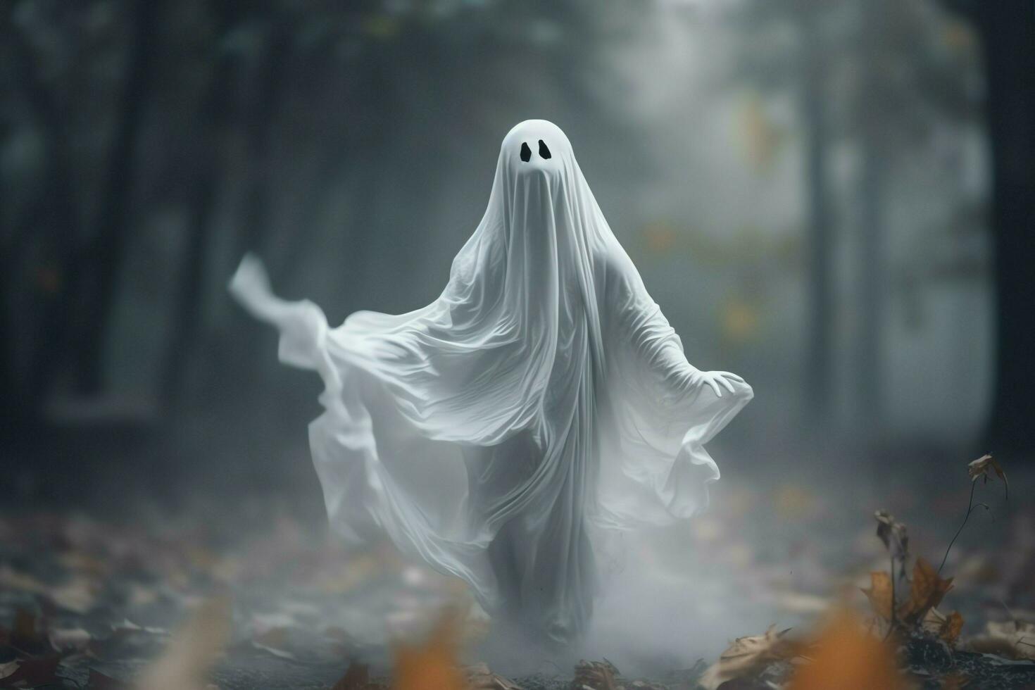 Human in spooky ghosts costume flying inside the old house at night. Spooky halloween background with ghost. Ghost on halloween celebration concept by AI generated photo