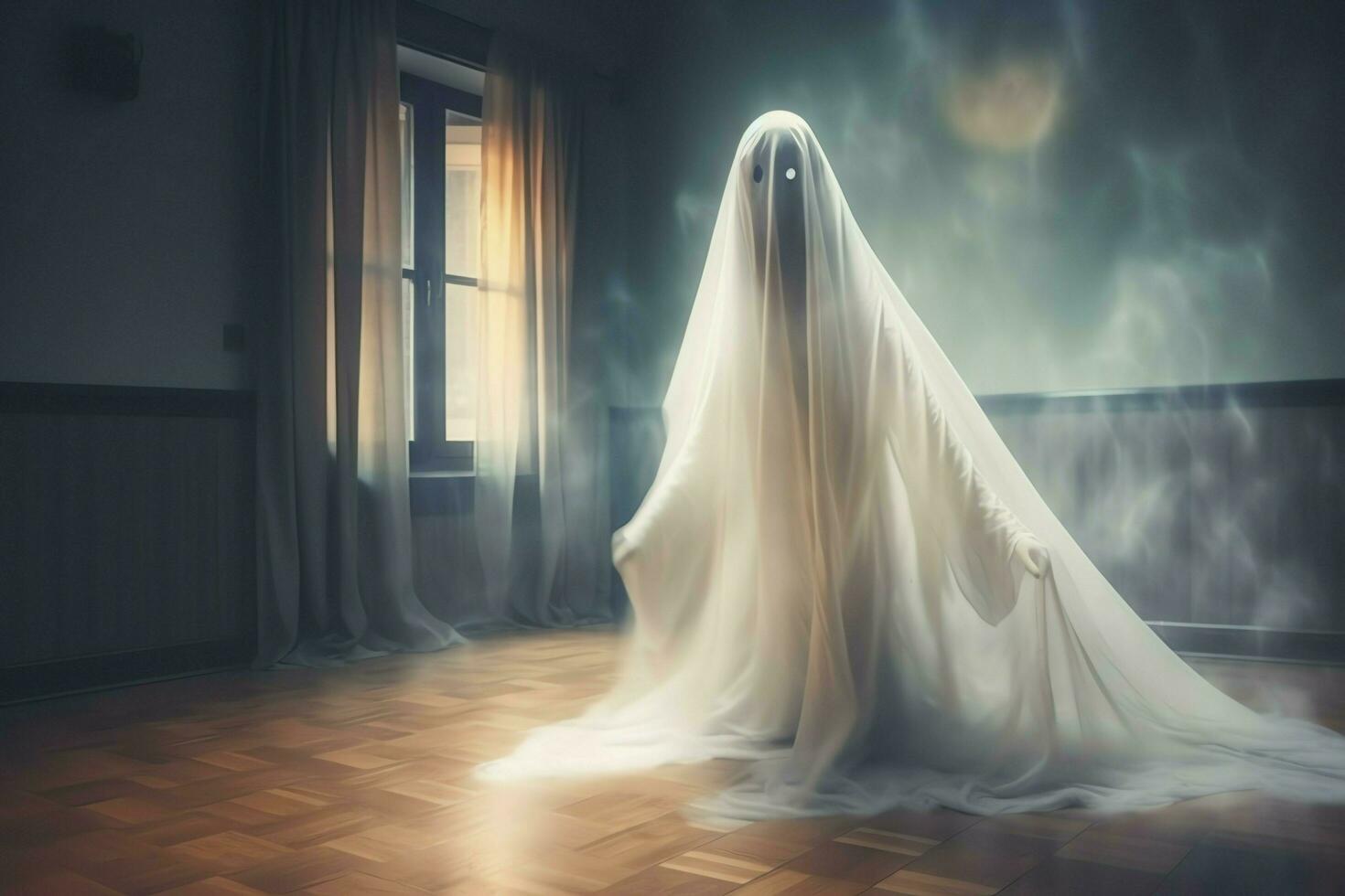 Human in spooky ghosts costume flying inside the old house at night. Spooky halloween background with ghost. Ghost on halloween celebration concept by AI generated photo