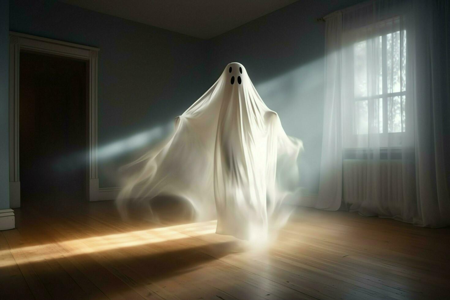 Human in spooky ghosts costume flying inside the old house at night. Spooky halloween background with ghost. Ghost on halloween celebration concept by AI generated photo