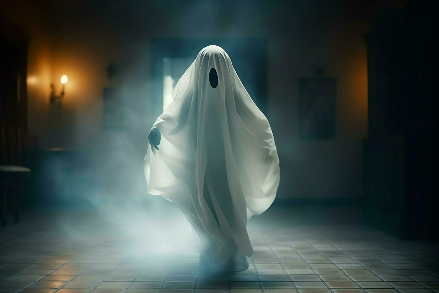 Human in spooky ghosts costume flying inside the old house at night. Spooky halloween background with ghost. Ghost on halloween celebration concept by AI generated photo