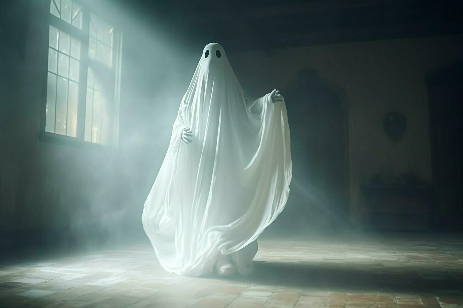 Human in spooky ghosts costume flying inside the old house at night. Spooky halloween background with ghost. Ghost on halloween celebration concept by AI generated photo