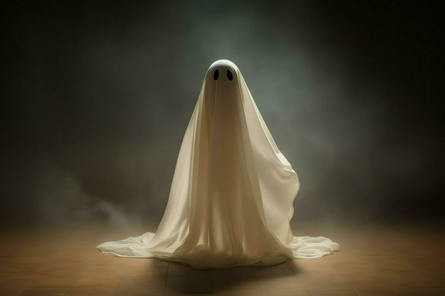 Human in spooky ghosts costume flying inside the old house at night. Spooky halloween background with ghost. Ghost on halloween celebration concept by AI generated photo